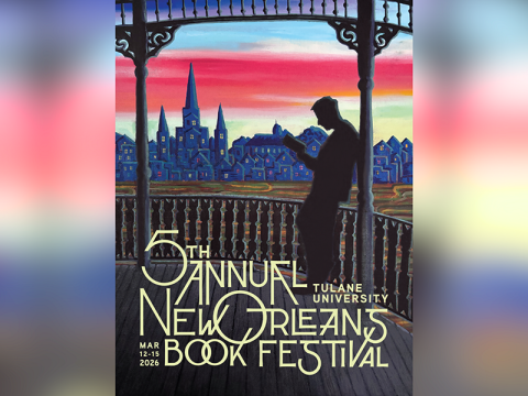 Book Festival poster: Silhouette reads on a balcony overlooking a New Orleans city at sunset.