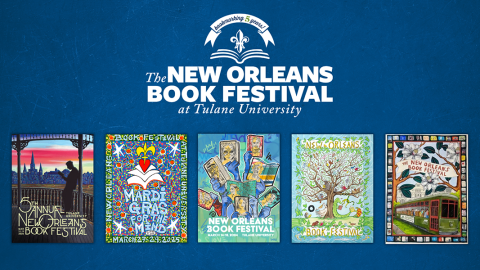 New Orleans Book Festival logo above five colorful promotional posters.