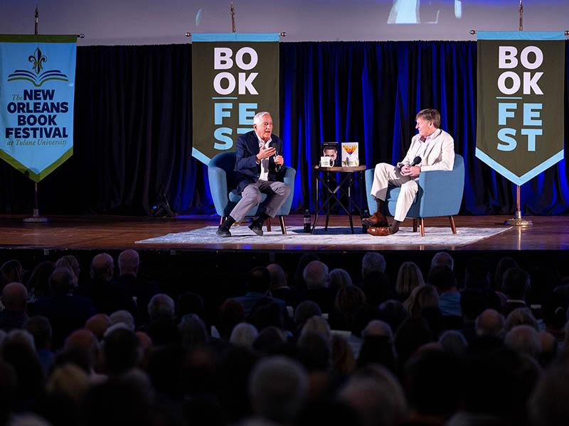 Walter Isaacson and Michael Lewis in conversation in McAlister Auditorium