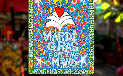 This is the official poster for the 2025 New Orleans Book Festival at Tulane University, created by Simon of New Orleans. The design features colorful and festive elements, including polka dots, stars, and ribbons, reminiscent of Mardi Gras. At the center is an open book with a red heart and a golden fleur-de-lis above it. The text reads "Mardi Gras for the Mind" in playful, hand-drawn lettering. The border includes "New Orleans Book Festival at Tulane University" and the event dates, "March 27-29, 2025."