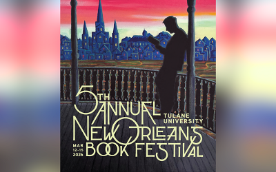 Book Festival poster: Silhouette reads on a balcony overlooking a New Orleans city at sunset.