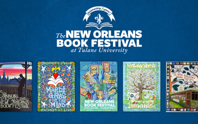 New Orleans Book Festival logo above five colorful promotional posters.
